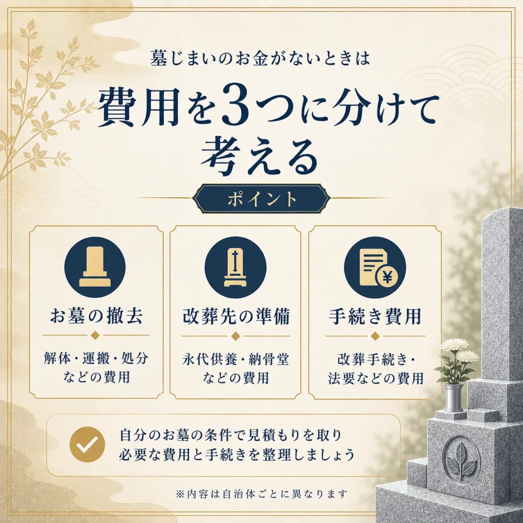 墓じまいのお金がないときは費用を3つに分けて考える_まとめ画像